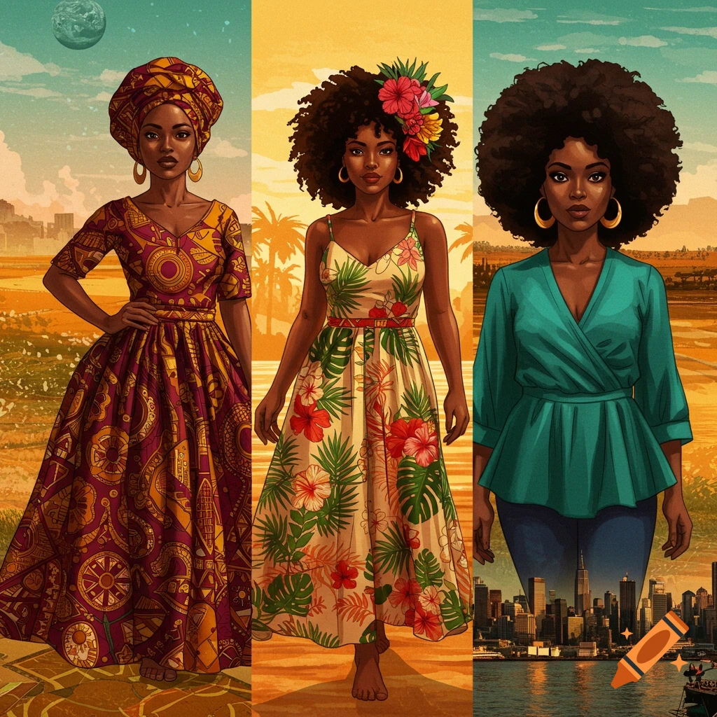 Three women side-by-side: an African woman in a patterned dress, a Caribbean woman in a floral dress, and a Black American woman in a teal blouse.