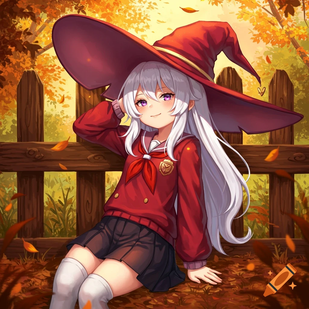 Anime girl with white hair, purple eyes, red witch hat, and school uniform sitting by a wooden fence with autumn leaves.