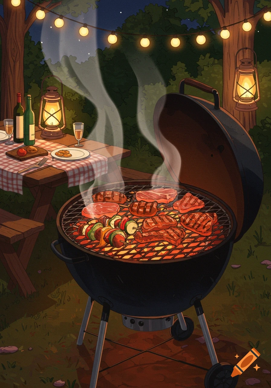 Cartoon illustration of a nighttime backyard barbecue. Meat and vegetable skewers grill over hot coals, with string lights and lanterns illuminating a picnic table.