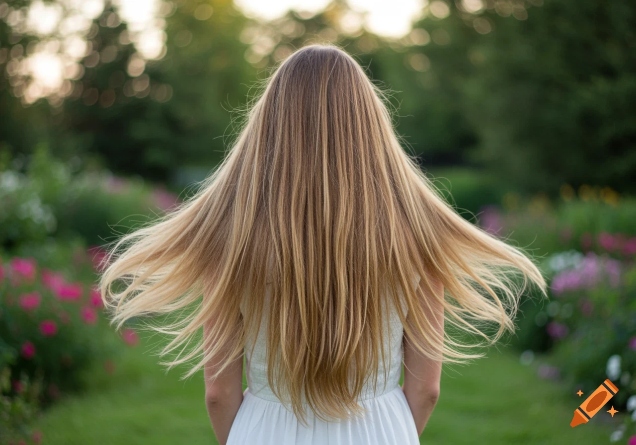 A person with long blonde hair viewed from the back, standing in a lush green garden with colorful flowers and bokeh lights.