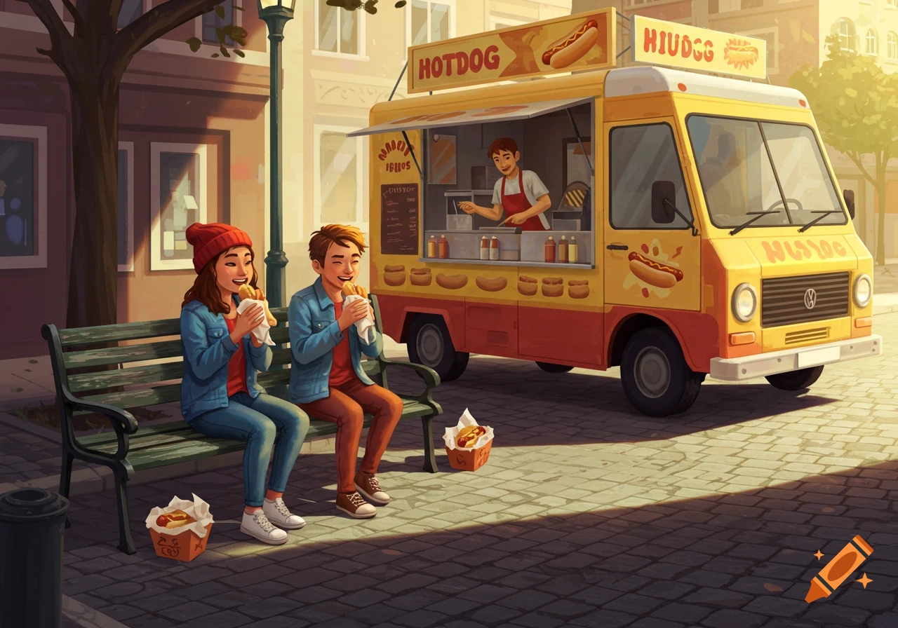 A cartoon illustration of two people sitting on a bench eating hotdogs next to a yellow and red hotdog food truck on a sunny street.