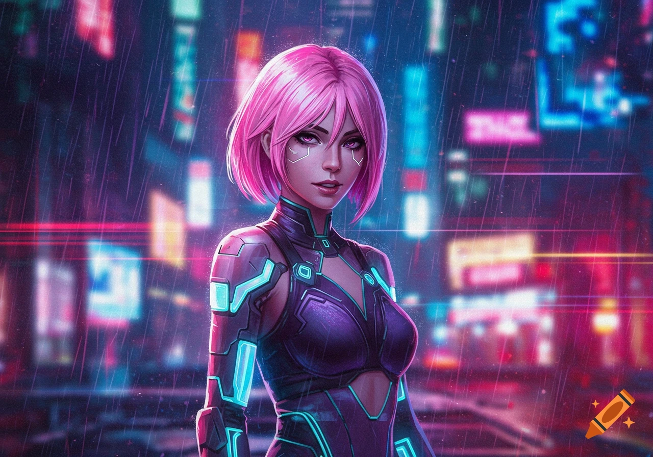 A pink-haired woman with glowing purple eyes and futuristic facial markings wears a dark suit with neon blue accents, standing in a rainy cyberpunk city.