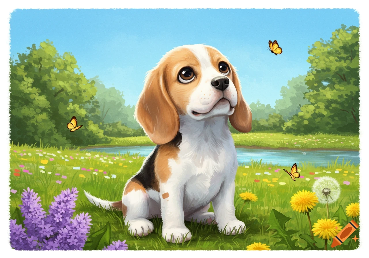 Cute beagle puppy sits in a vibrant green field with colorful flowers, butterflies, and a stream, in an illustration style.