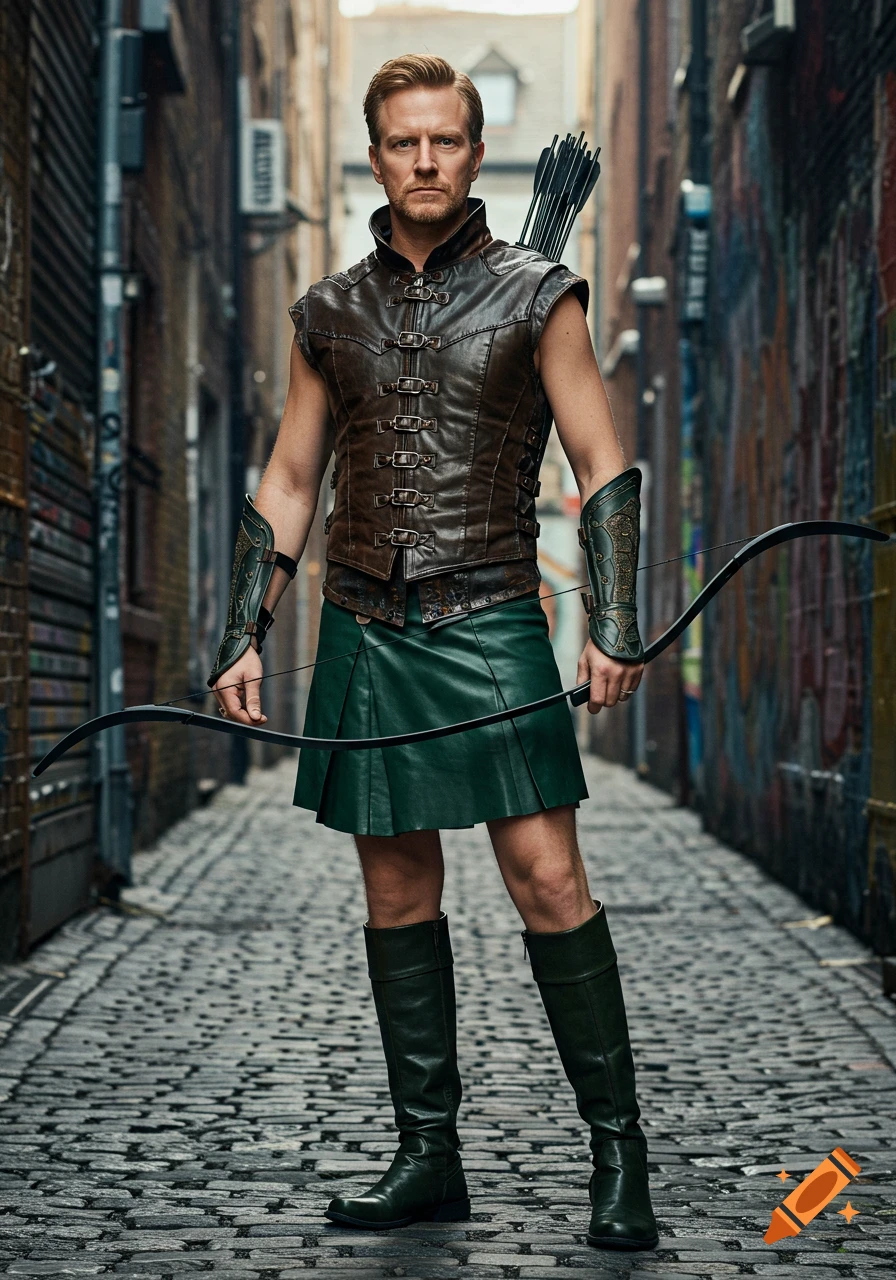 A man dressed as a modern Robin Hood, wearing a leather vest and a green leather miniskirt, holds a bow in a cobblestone alley.