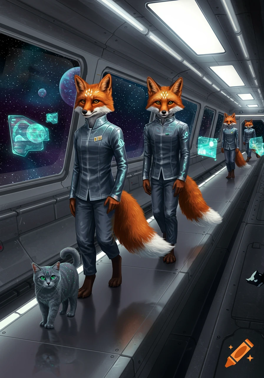 Three bipedal anthropomorphic foxes in spacesuits walk down a spaceship corridor with a grey cat, looking out at planets in space.