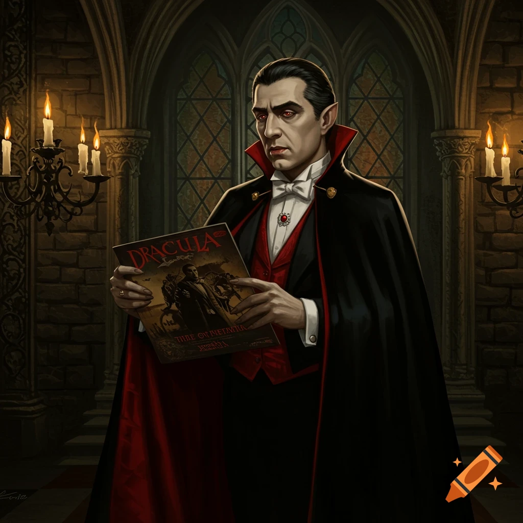 Classic Count Dracula with red eyes in a gothic castle, holding a vinyl record jacket titled 'DRACULA'.