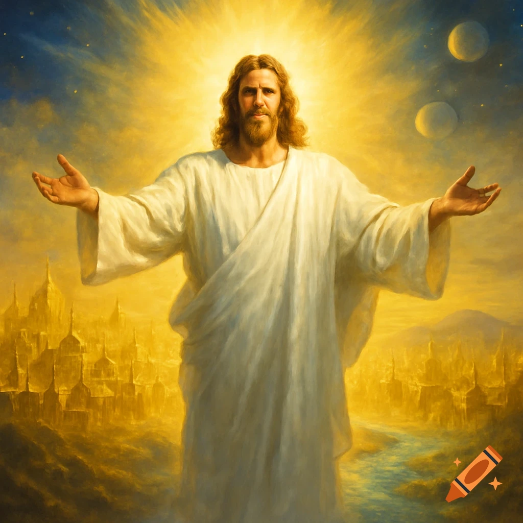 Radiant painting of Jesus Christ in white robes with outstretched arms, standing before a golden heavenly city with celestial bodies and a river of light.