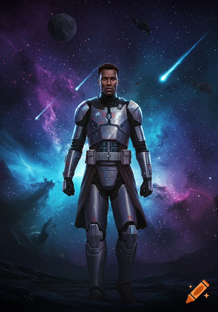 A man in silver futuristic armor stands in space with a vibrant nebula background, planets, and shooting stars.