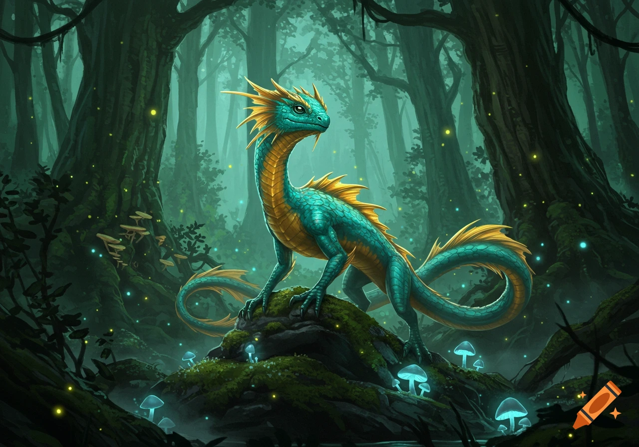 Teal and gold dragon on a mossy rock in a magical, dark forest with glowing mushrooms and fireflies.