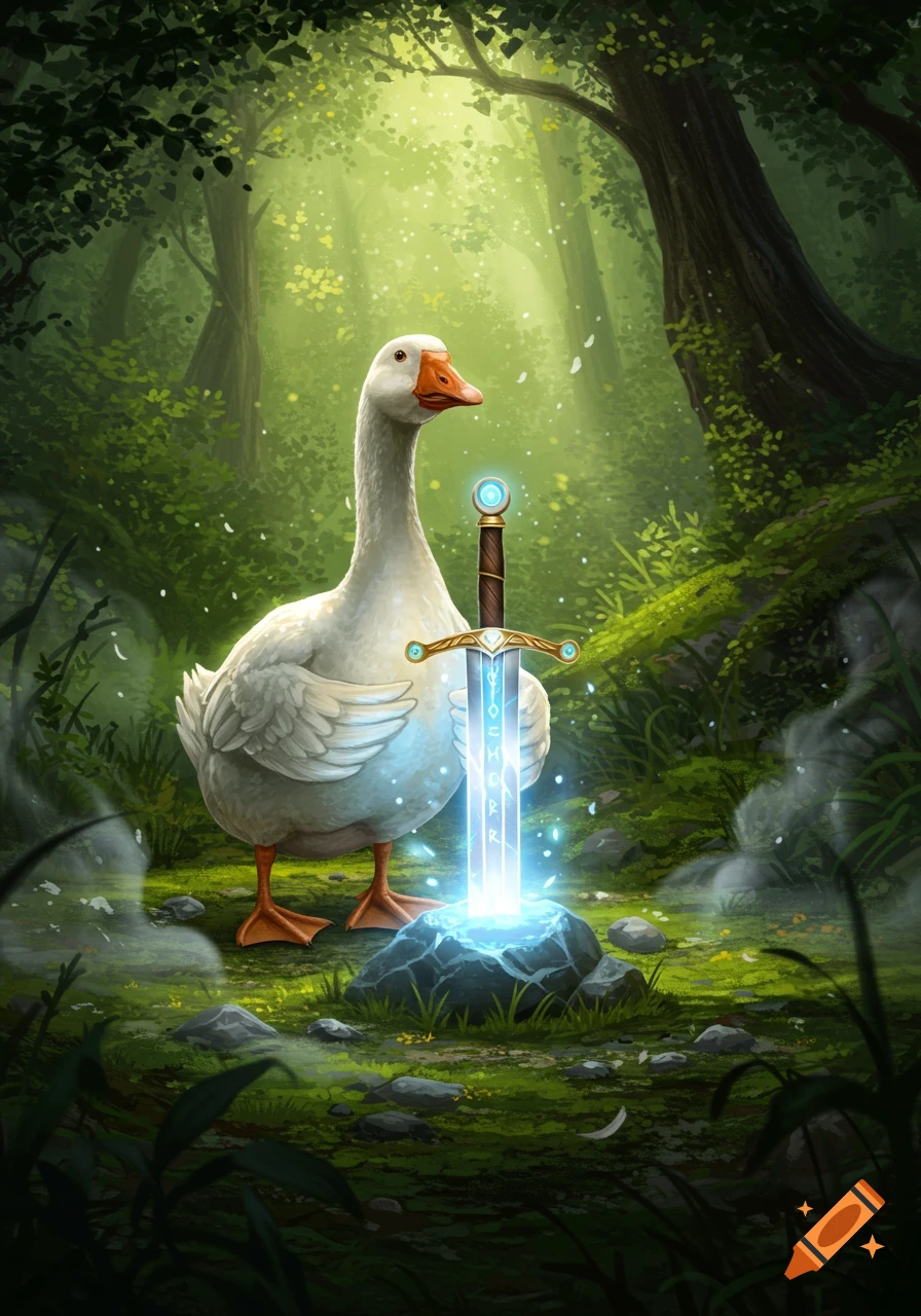 A majestic white goose stands in a sunlit, enchanted forest, looking at a glowing magical sword plunged into a stone.