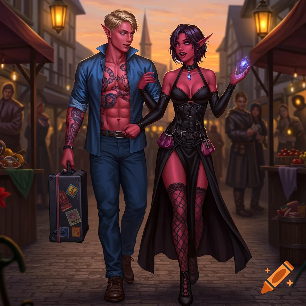 A red-skinned elf woman in a black corset and dress flirts with a tattooed human man in an open blue shirt, walking in a bustling market street.