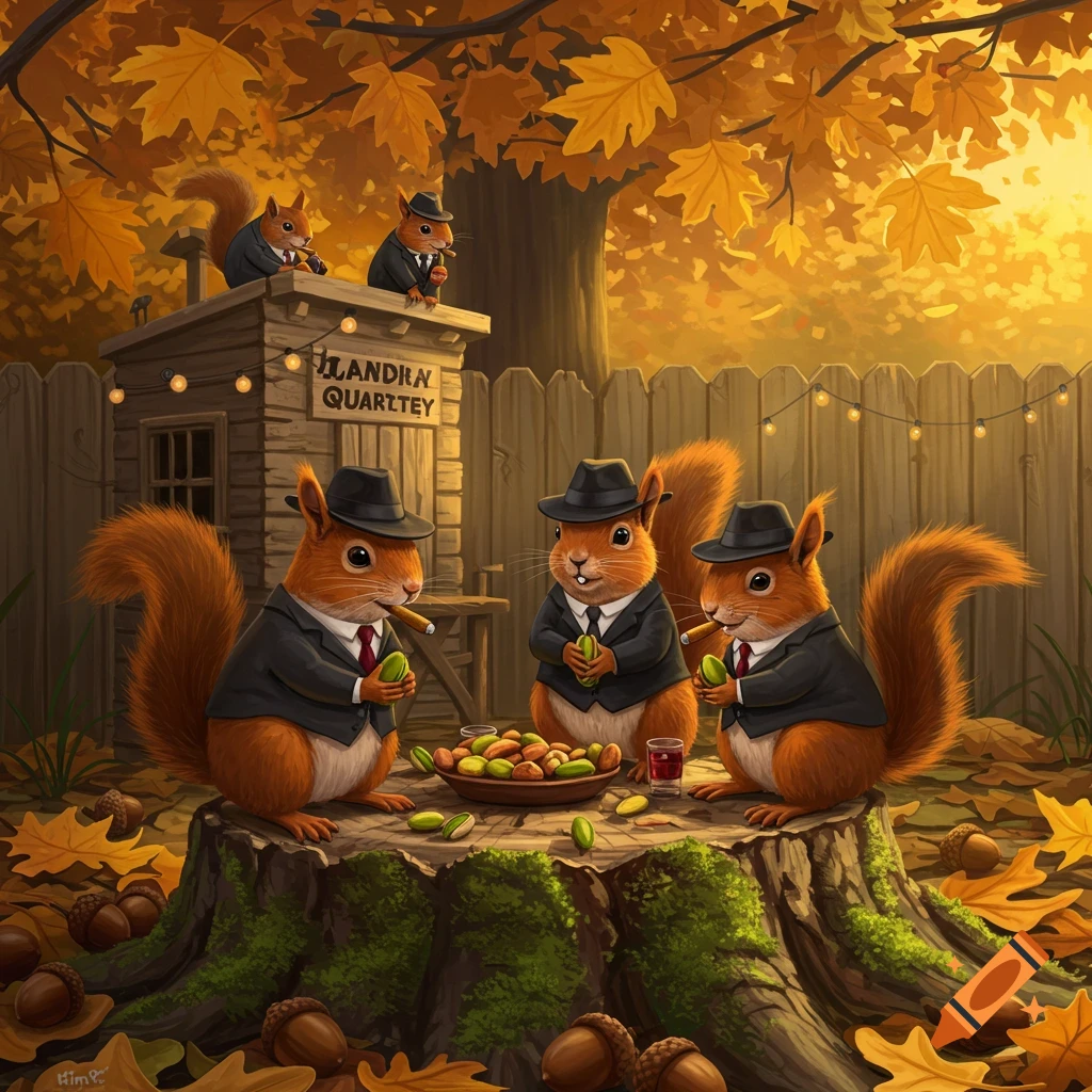 Anthropomorphic squirrels in suits and fedoras, smoking cigars, gathered around a tree stump table filled with nuts in an autumn backyard setting.