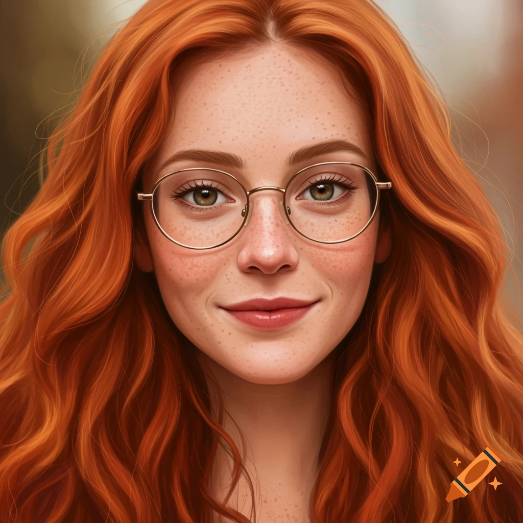A close-up digital portrait of a smiling young woman with long red wavy hair, freckles, oval glasses, and hazel eyes.