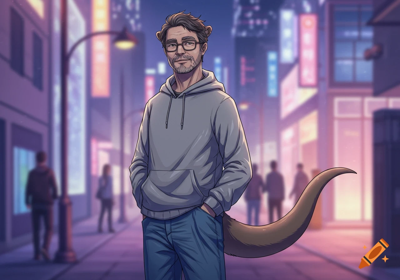 Anime man with glasses, grey hoodie, jeans, otter ears, and tail on a blurry neon lit city street at night.