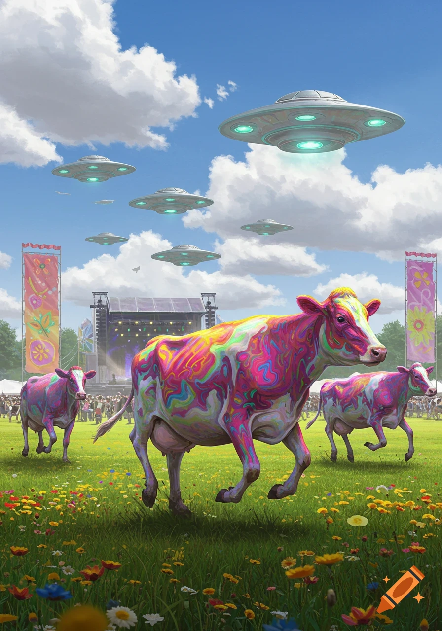 Psychedelic cows running through a field with wildflowers at a music festival under a blue sky with multiple flying saucers.