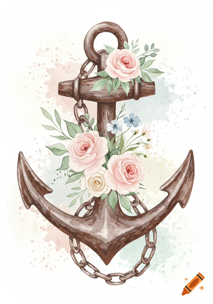 A vintage watercolor painting of a brown anchor adorned with pink and white roses, green leaves, and small blue flowers, on a white background with subtle color splatters.