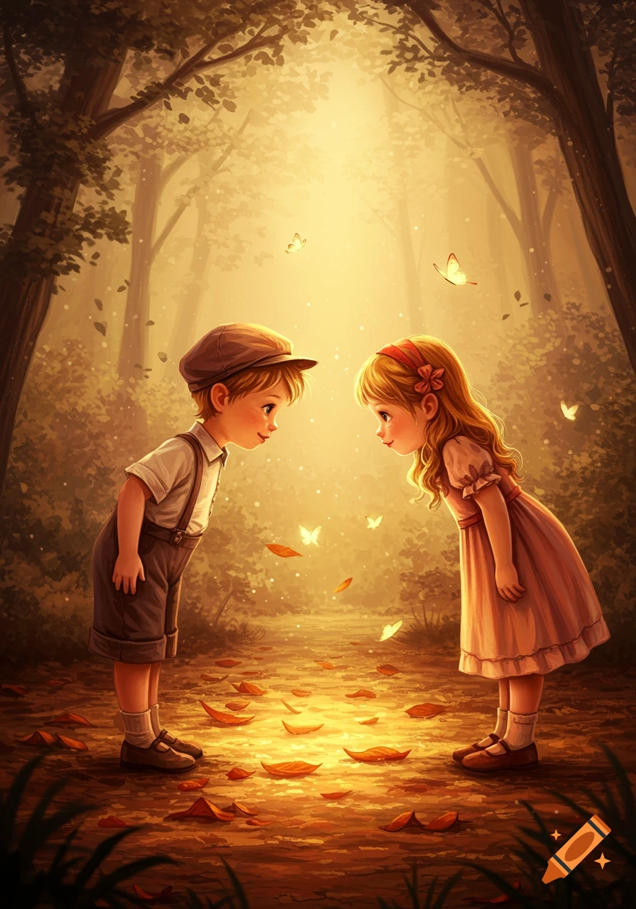 Whimsical illustration of a boy and girl bowing in a magical forest with glowing light and butterflies.