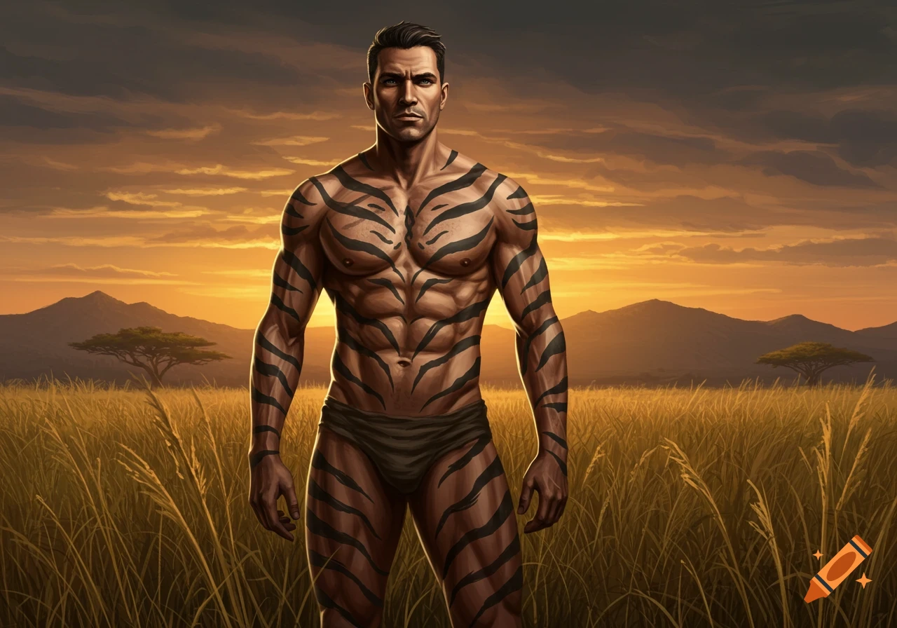 Muscular man with tiger stripes painted on his body standing in a savanna at sunset, realistic illustration.