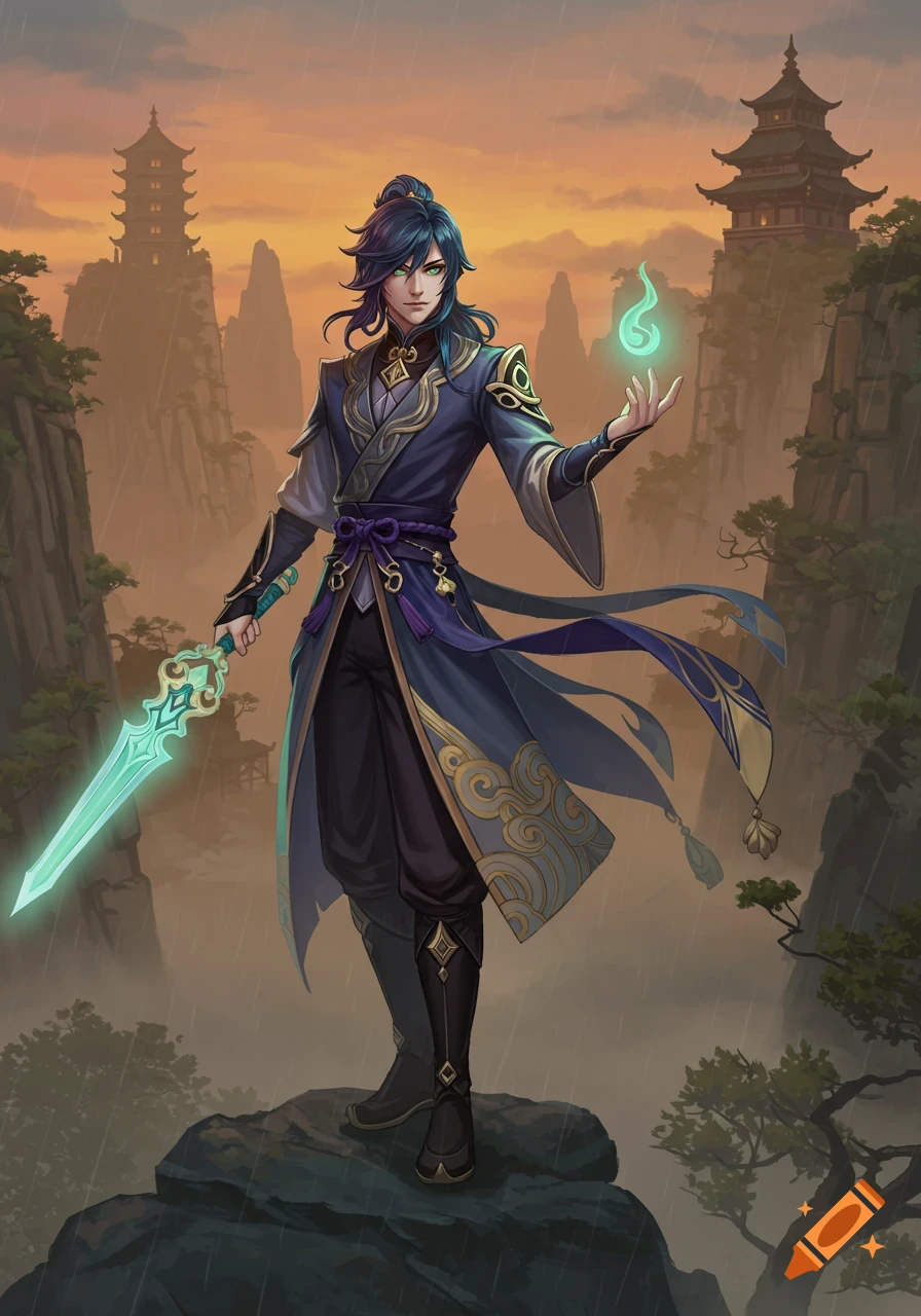 An anime-style male fantasy character with a glowing sword and magic flame stands on a mountain with pagodas and rain.