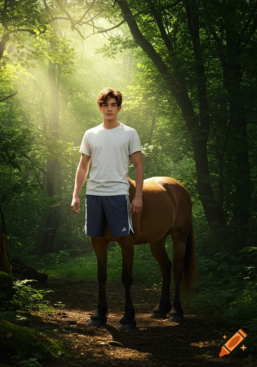 Photorealistic image of a young male centaur wearing a white t-shirt and blue shorts, standing in a sun-dappled forest.