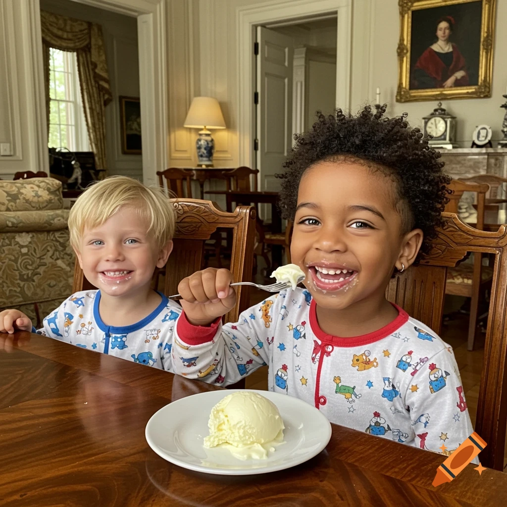 Two happy young boys in pajamas eating ice cream at a wooden table in a well-decorated room.