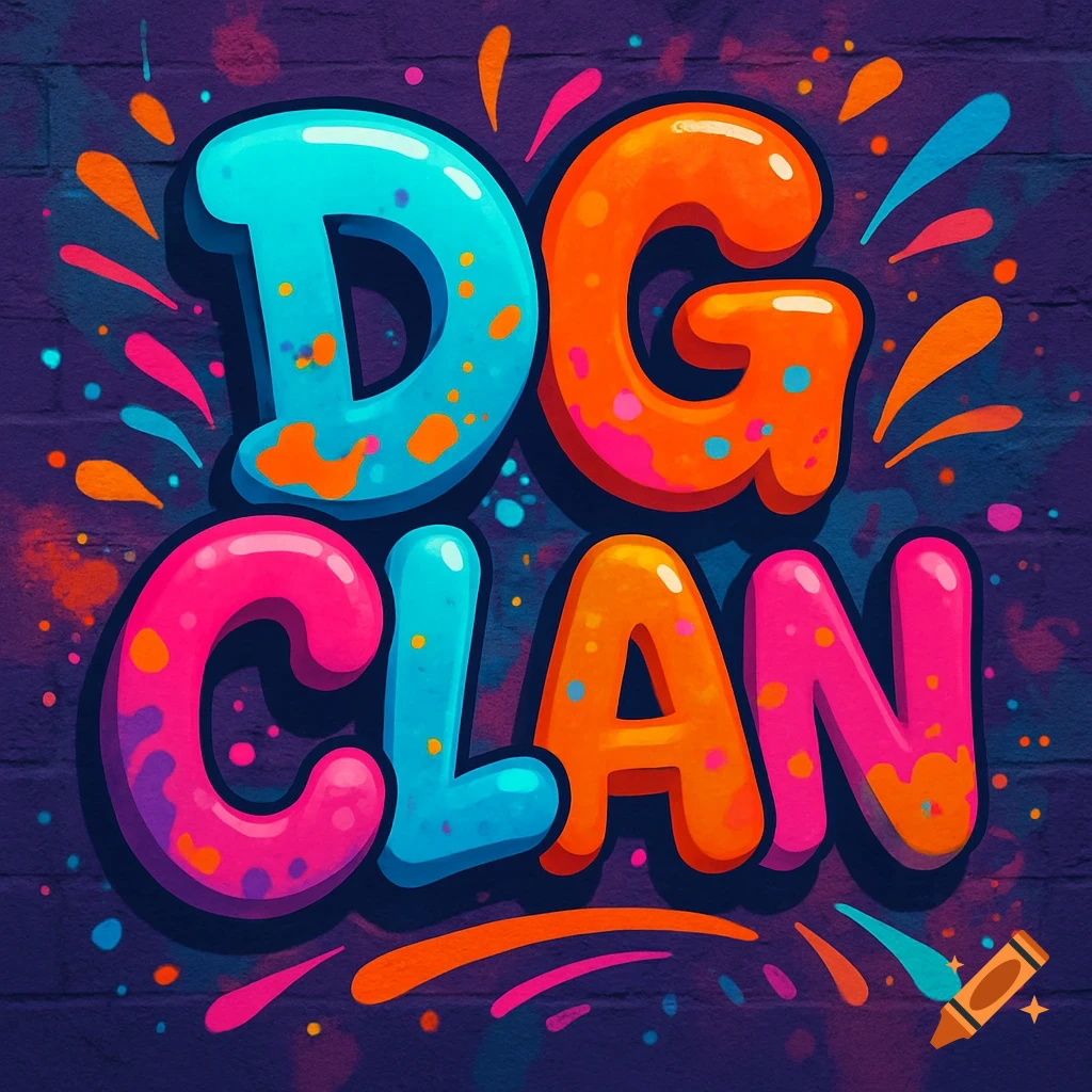 Colorful bubble letters spelling DG CLAN on a dark brick wall with paint splatters, in a vibrant graffiti style.