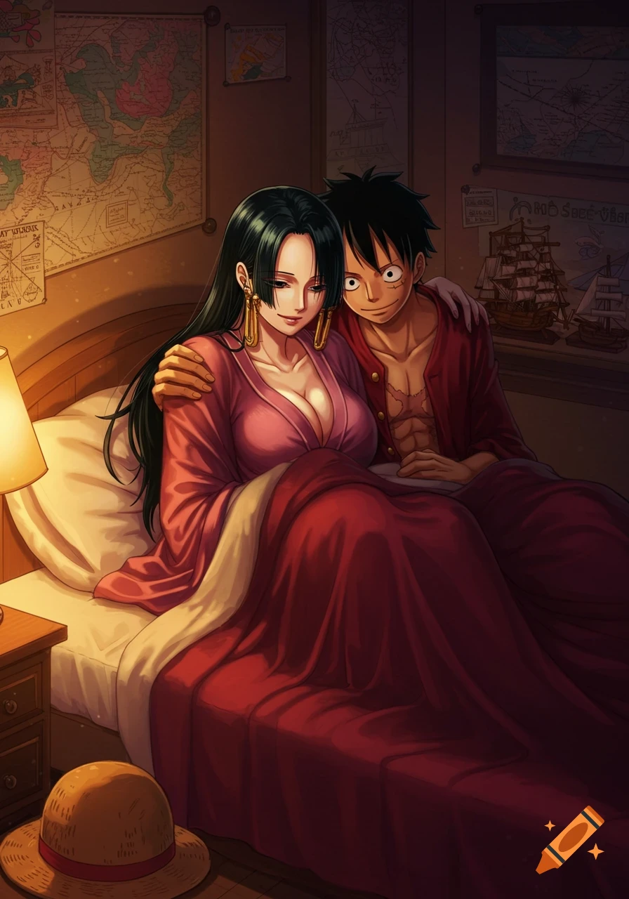 Anime characters Monkey D. Luffy and Boa Hancock cuddle in bed in a dimly lit room with maps on the wall.