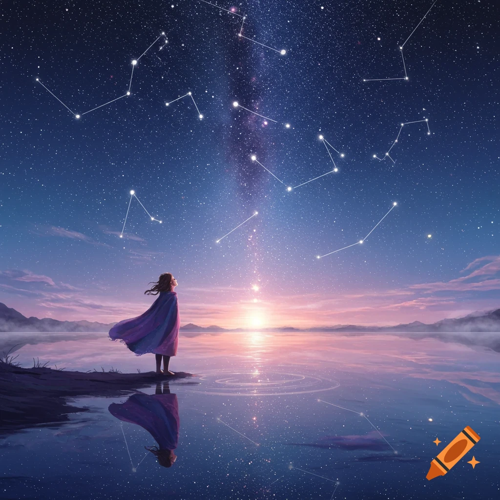 A person in a purple cloak stands by a reflective lake, gazing up at a vibrant starry night sky with constellations and a soft sunrise.