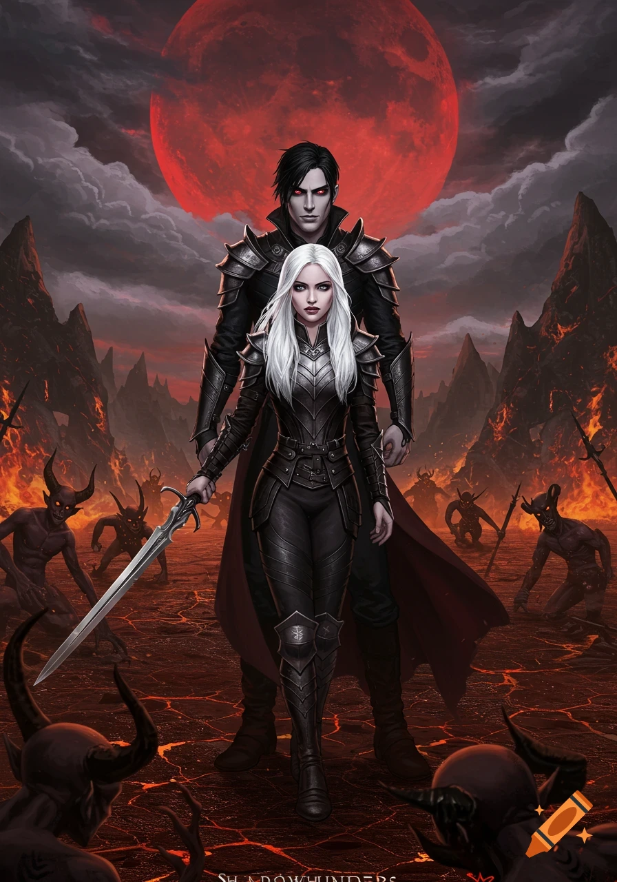 A dark fantasy image of a white-haired woman and a black-haired man in armor standing among demons under a blood-red moon.