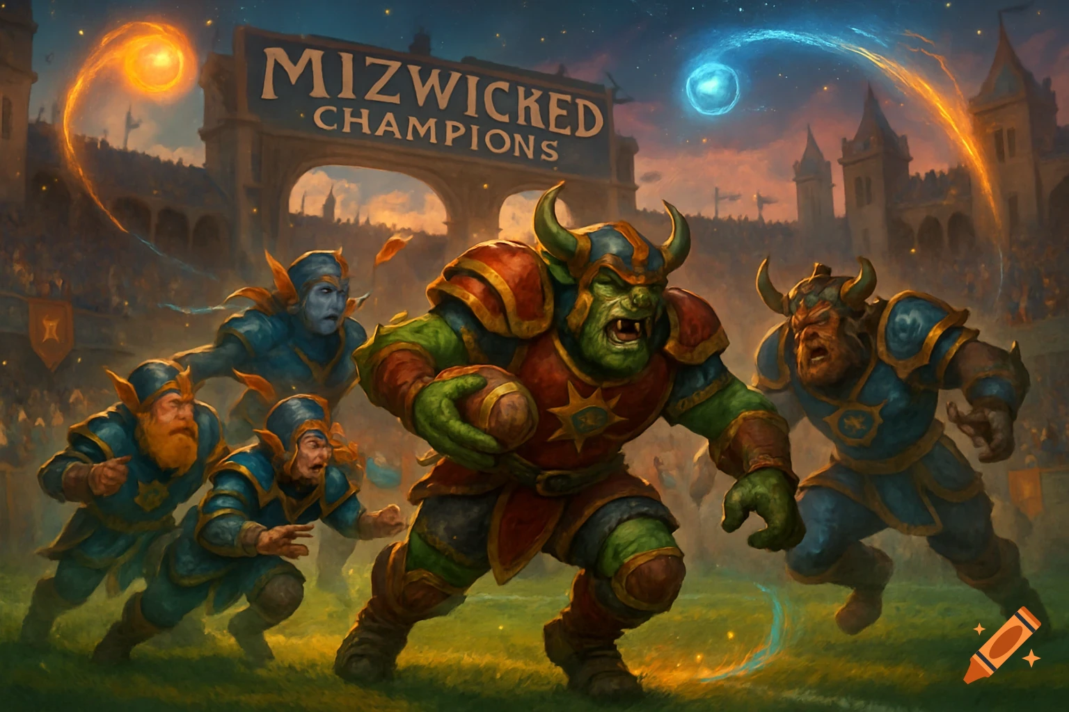 An orc-like creature in red and green armor runs with a ball, pursued by blue-armored goblins or dwarves on a fantasy football field.