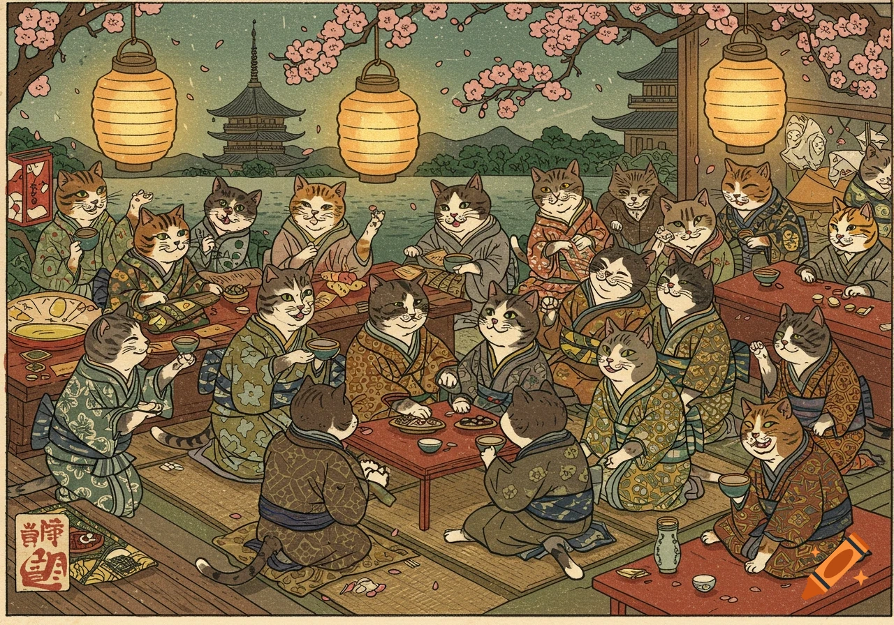 Japanese woodcut of many cats in kimonos feasting under cherry blossoms with lanterns and pagodas by a lake.