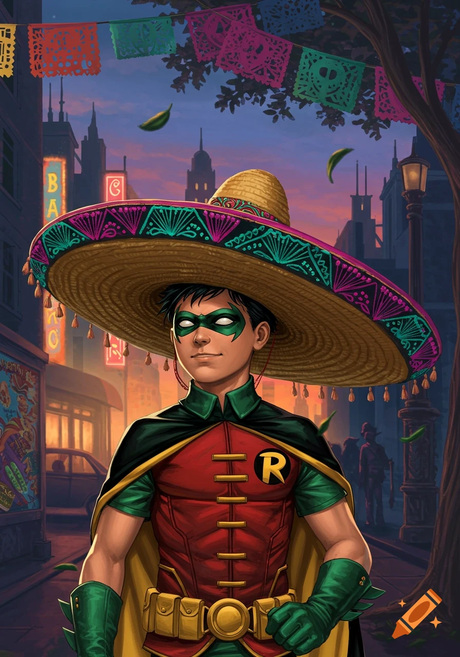 Comic art of Robin from Batman wearing a colorful sombrero, standing on a city street at dusk with festive banners.