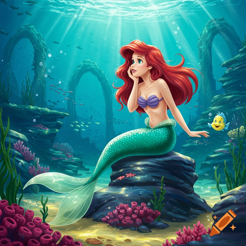 Cartoon of Ariel, the Little Mermaid, with red hair and green tail, sitting on a rock underwater with Flounder.