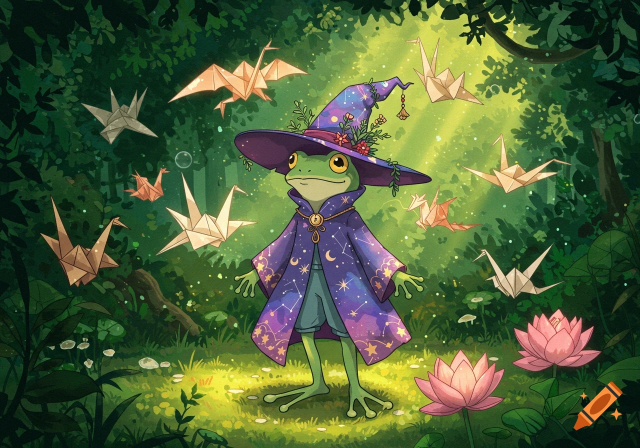 A Ghibli-style illustration of a cute frog wearing a purple witch hat and robe, surrounded by floating origami cranes in a lush forest with sun rays and pink lotus flowers.