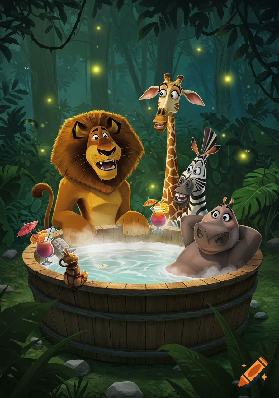 Cartoon characters Alex, Marty, Melman, Gloria, and Mort from Madagascar relaxing in a hot tub in a jungle at night.