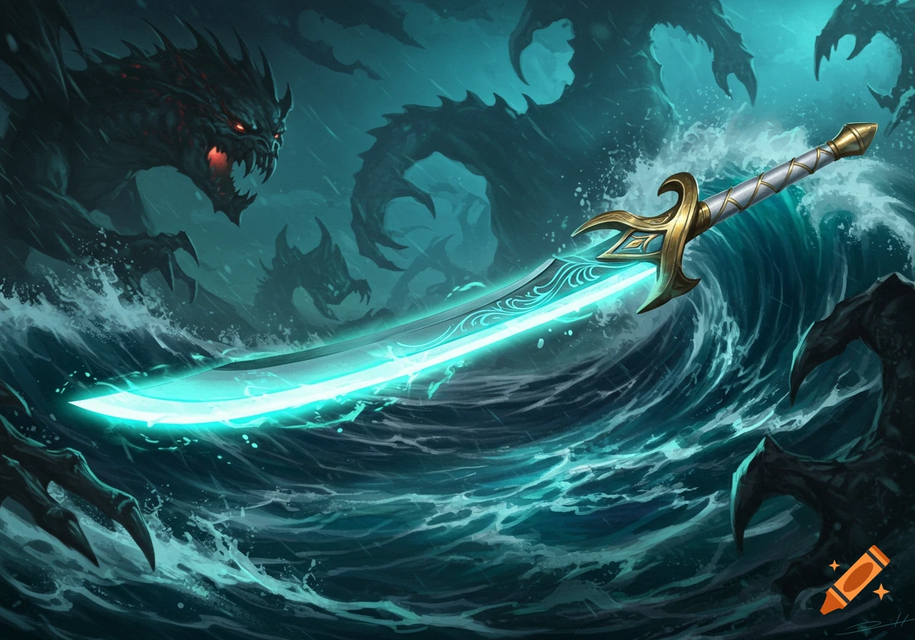 A glowing turquoise sword slices through dark, turbulent ocean waves as menacing, red-eyed sea monsters lurk, digital painting.