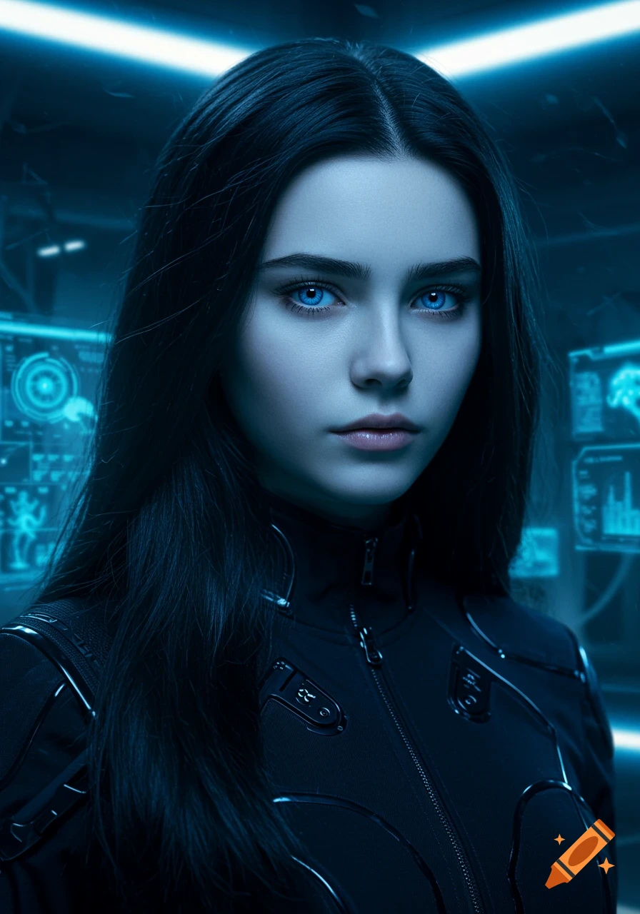 A photorealistic portrait of a young woman with black hair and piercing blue eyes, wearing a sleek dark outfit in a glowing futuristic spy facility.