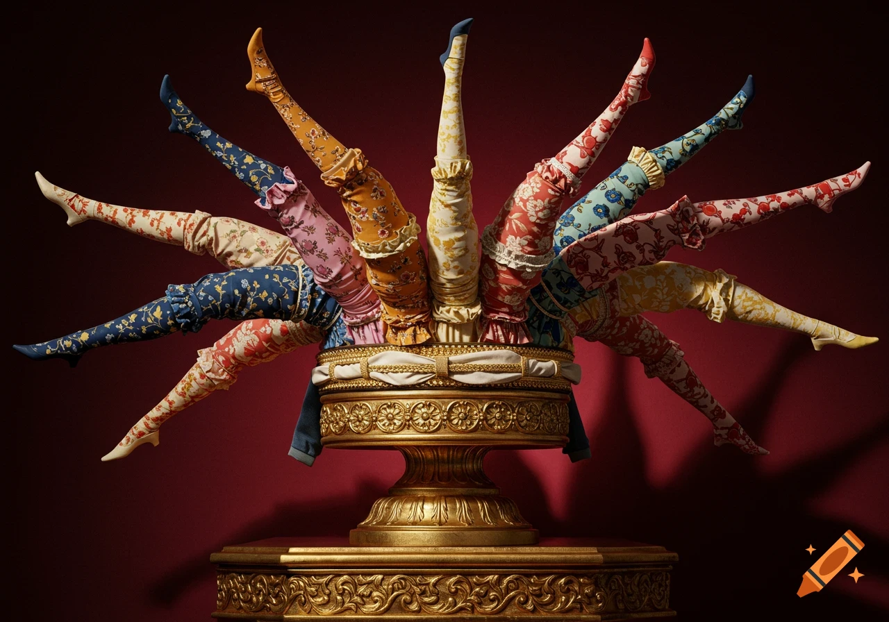 Multiple pairs of mannequin legs in colorful patterned bloomers and shoes, radiating upwards from an ornate golden pedestal against a red background.