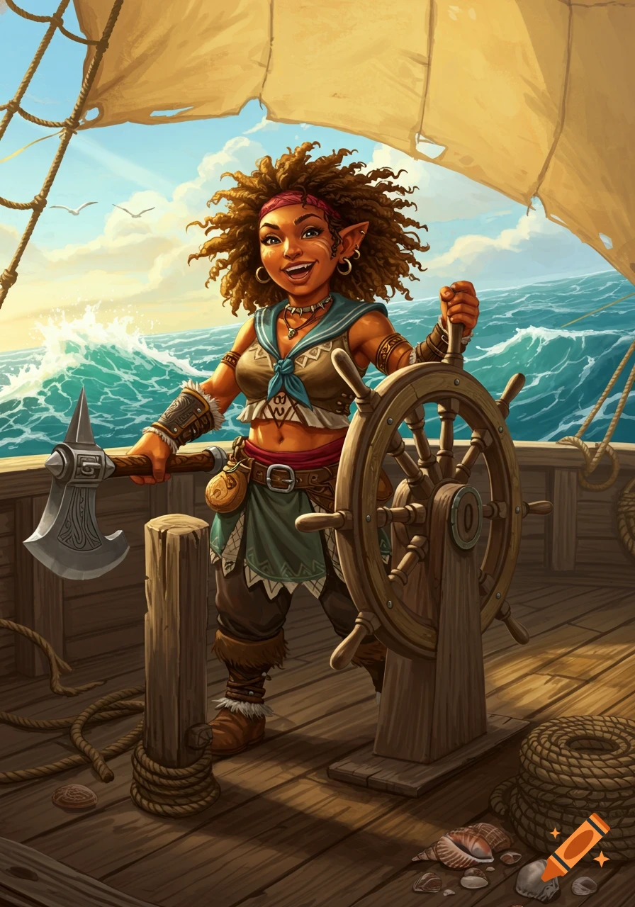 A cheerful, curly-haired halfling barbarian sailor stands at a ship's helm, holding an axe, on a sunny, wavy sea in fantasy art style.