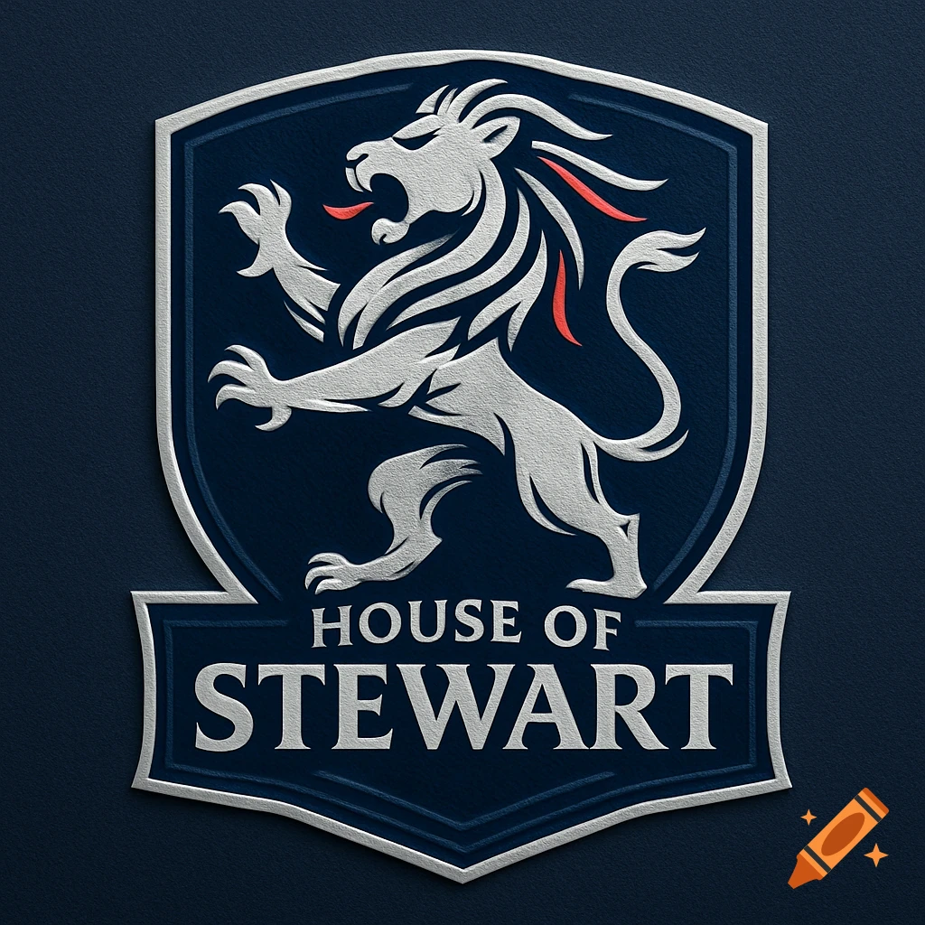 A dark blue shield logo with a silver stylized lion, red accents, and the text 'HOUSE OF STEWART' embossed on a textured background.
