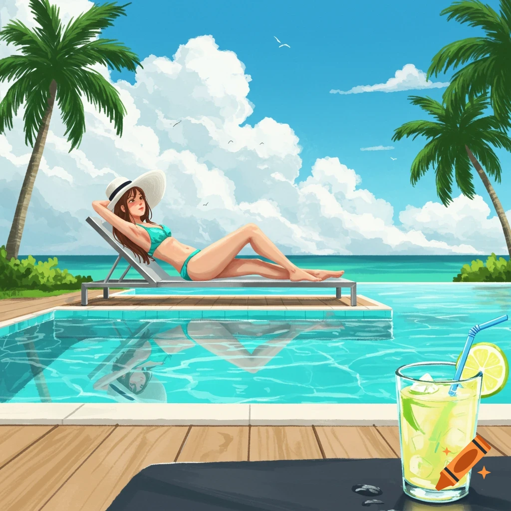 An anime-style illustration of a woman in a bikini and hat sunbathing on a lounge chair by a swimming pool with palm trees.