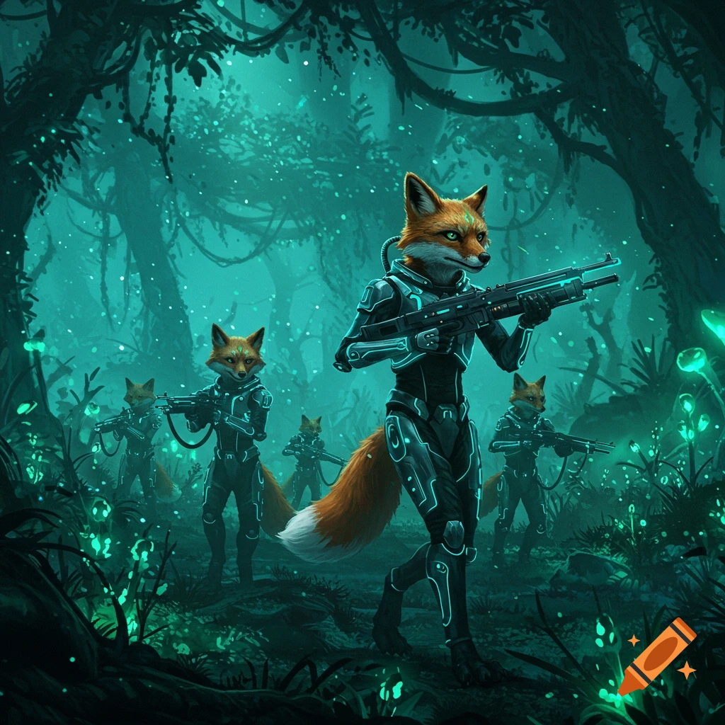 Anthropomorphic foxes in futuristic armor holding railguns stand in a glowing, dark sci-fi jungle.