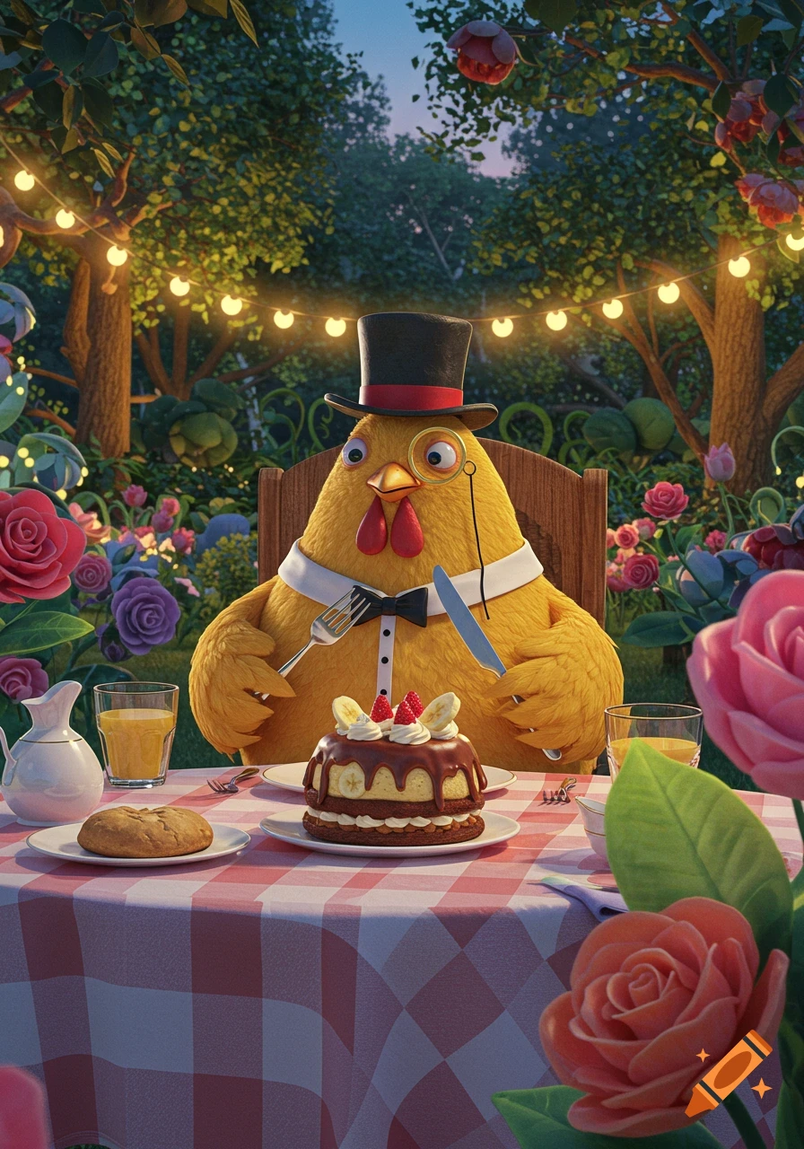 A cartoon yellow chicken in a top hat and monocle sits at a table in a whimsical garden, about to eat a chocolate cake.