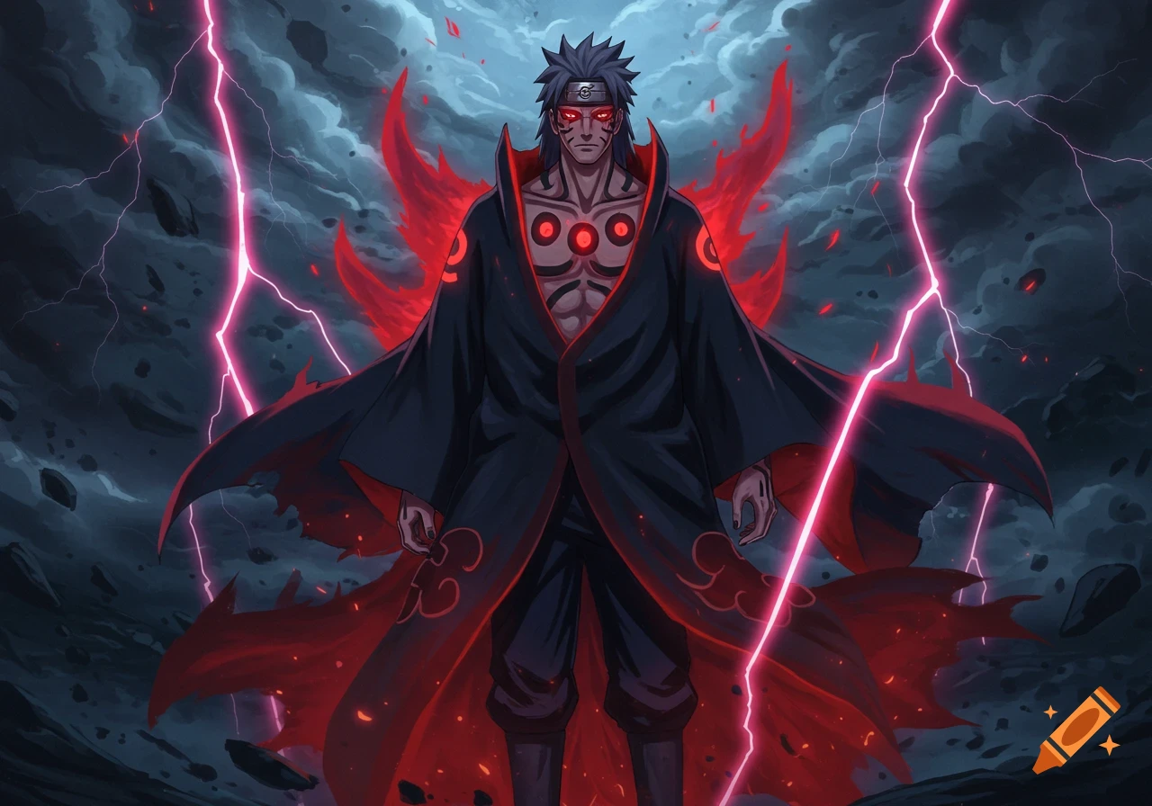 A powerful anime character with red eyes and markings on his chest, wearing a dark cloak with red lining, stands against a stormy sky with pink lightning and red energy.