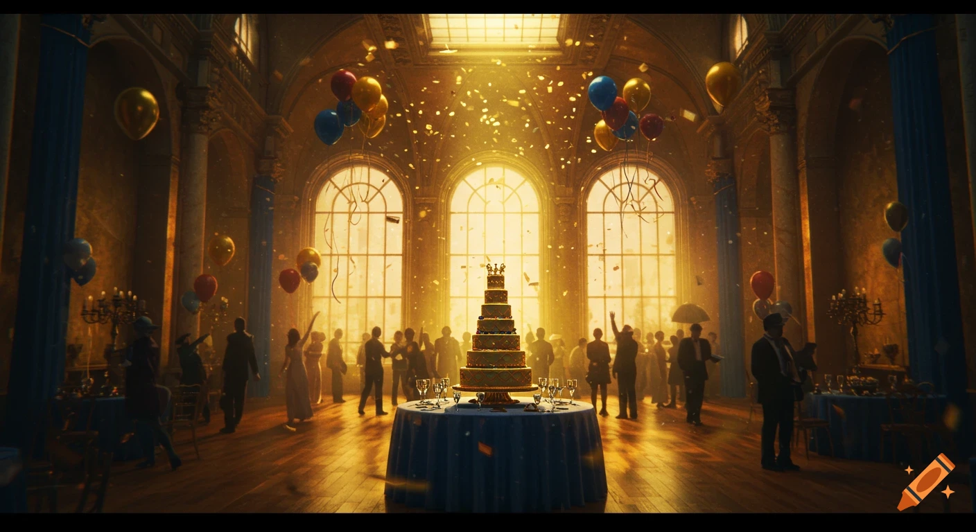 A grand ballroom celebration with people, confetti, balloons, and a large tiered cake, bathed in golden light from tall windows.