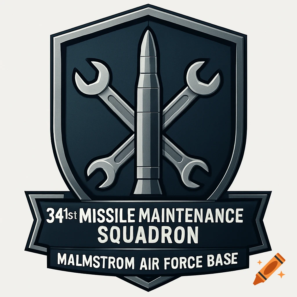 A military logo depicting a shield with a missile and crossed wrenches, above a banner reading "341st MISSILE MAINTENANCE SQUADRON MALMSTROM AIR FORCE BASE". Stylized vector art.
