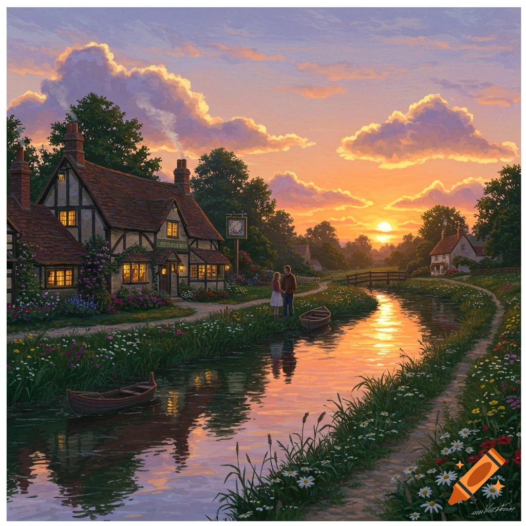 A painting of a picturesque countryside village with a pub, a river, and a couple holding hands at sunset.