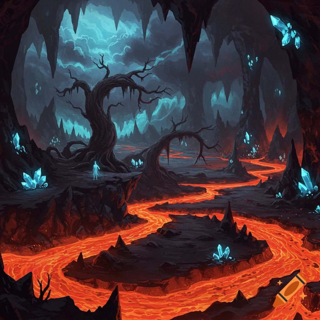 Dark fantasy art of an underworld cave with glowing lava rivers, blue crystals, gnarled trees, and a small, luminous figure.