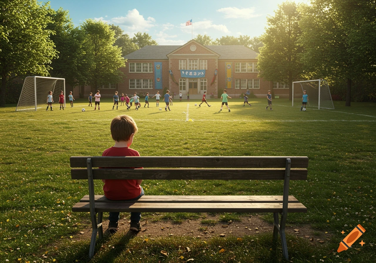 A lonely boy sits on a bench, watching other children play soccer on a sunny field in front of a school building.