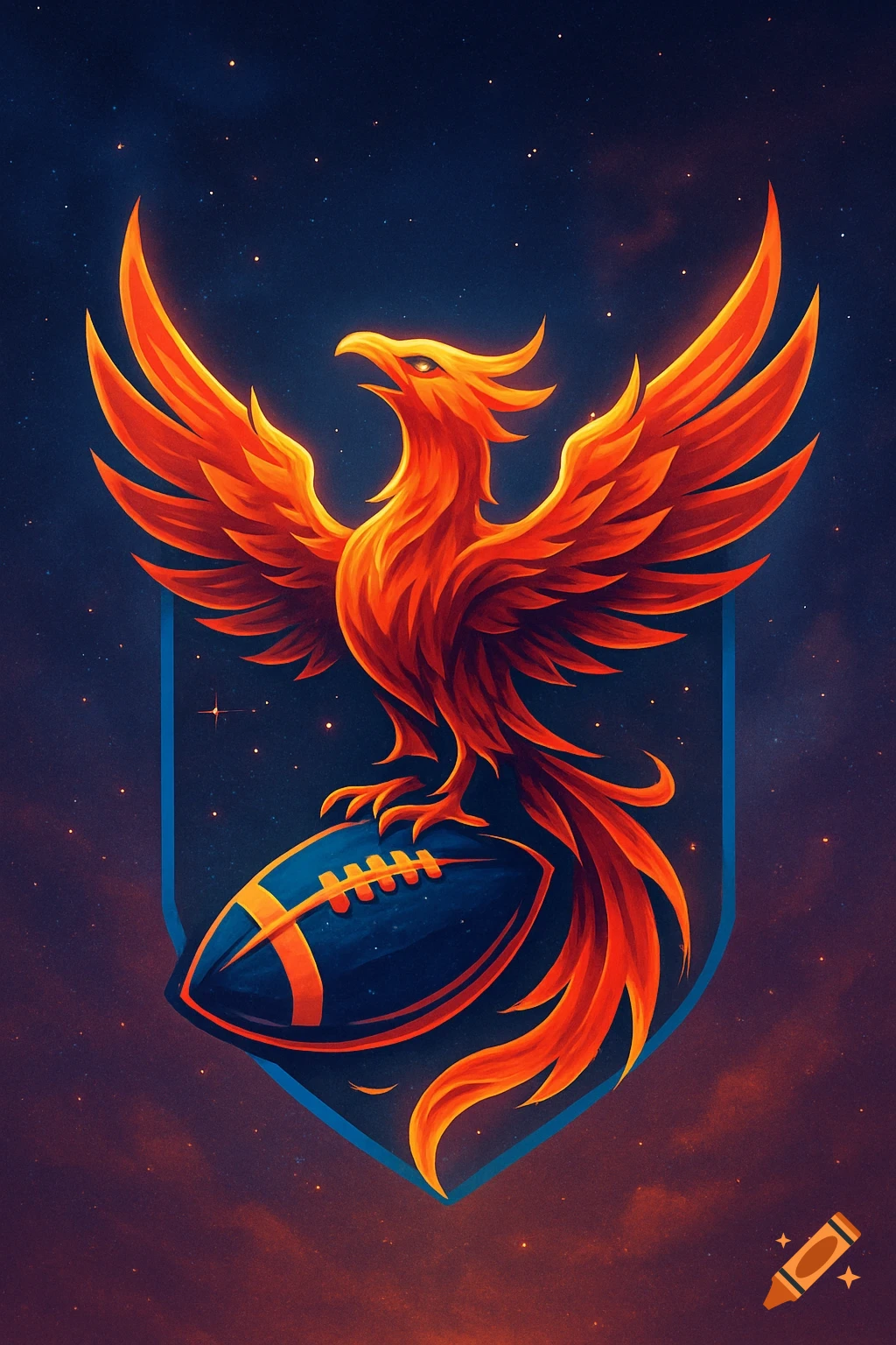 A vibrant, fiery orange phoenix with large wings stands on a dark blue football, all within a blue shield emblem against a starry sky.